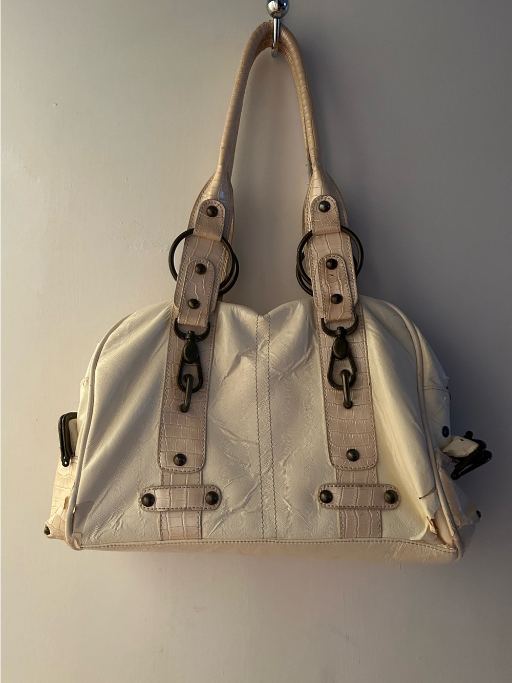 Cream y2k vegan leather handbag with gold accents